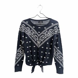 Lucky Brand Bandana Print Tie-Front Sweater Navy White Cotton Paisley Boho S